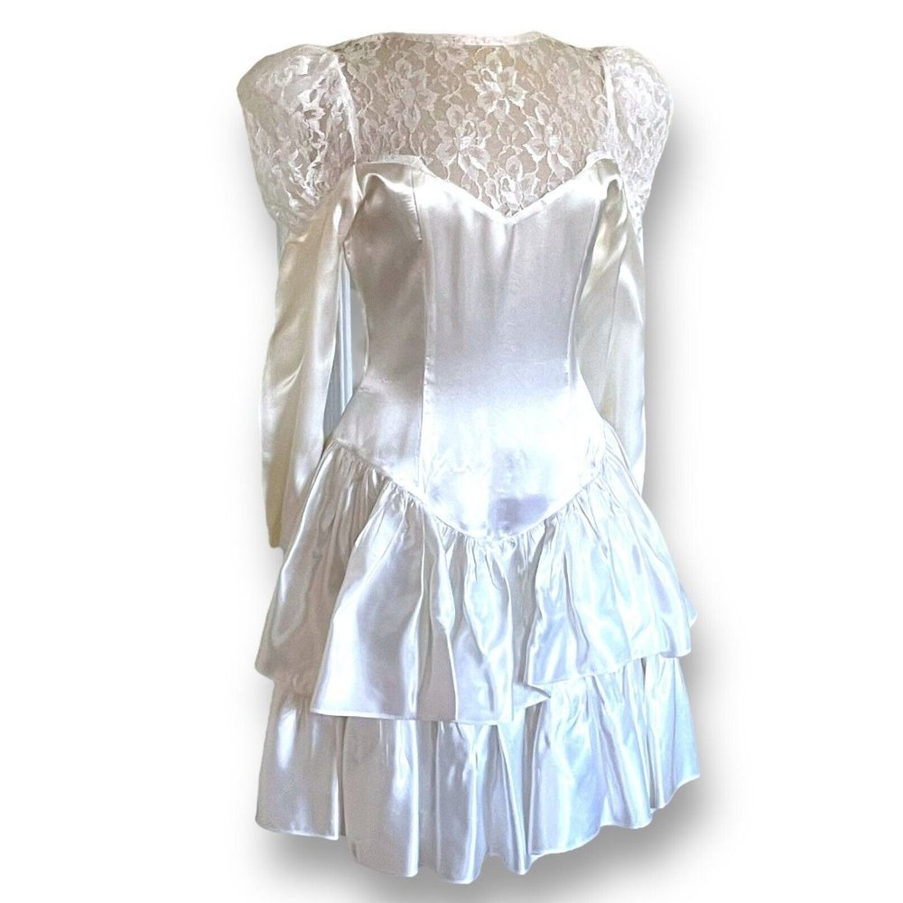 Vintage 1980s Womens Steppin Out Dress Sz M White Wedding Satin Lace Puff Sleeve